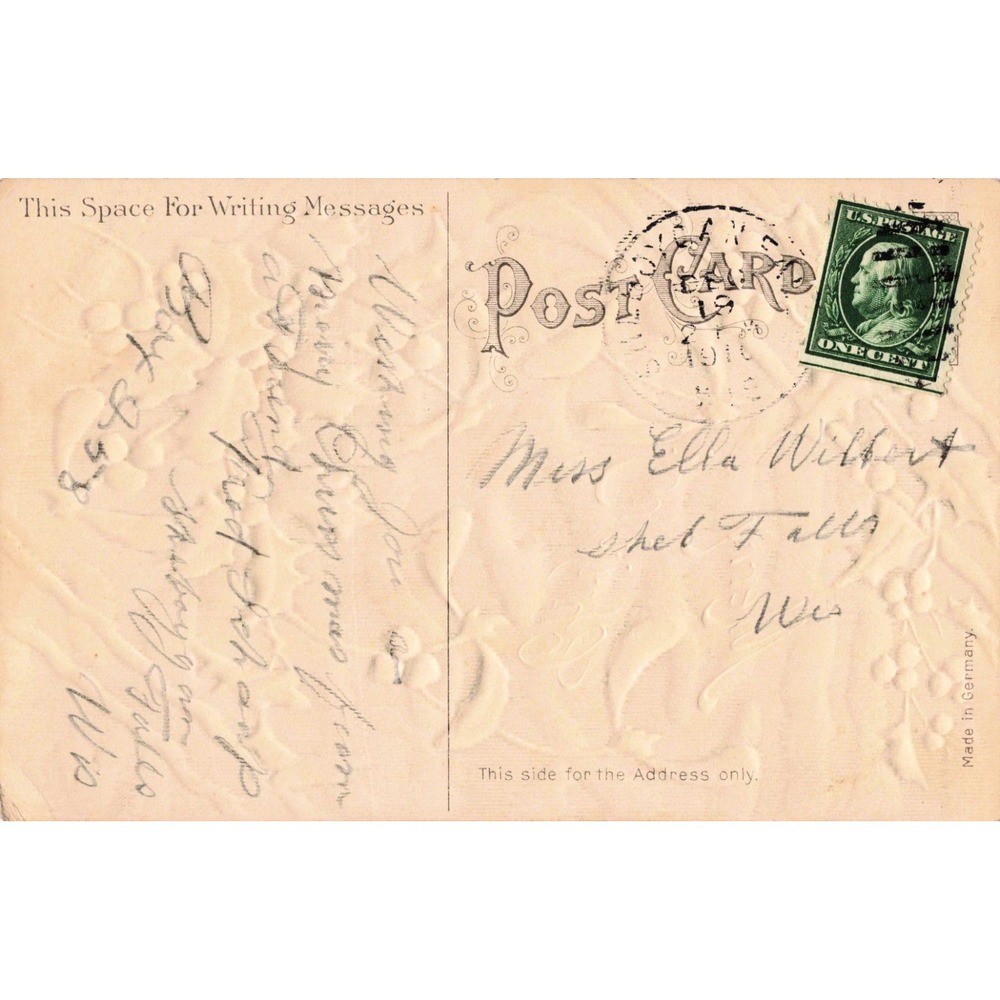Vtg 1910 Merry Christmas Postcard RPPC Embossed Holly Mistletoe Germany - Picture 2 of 2